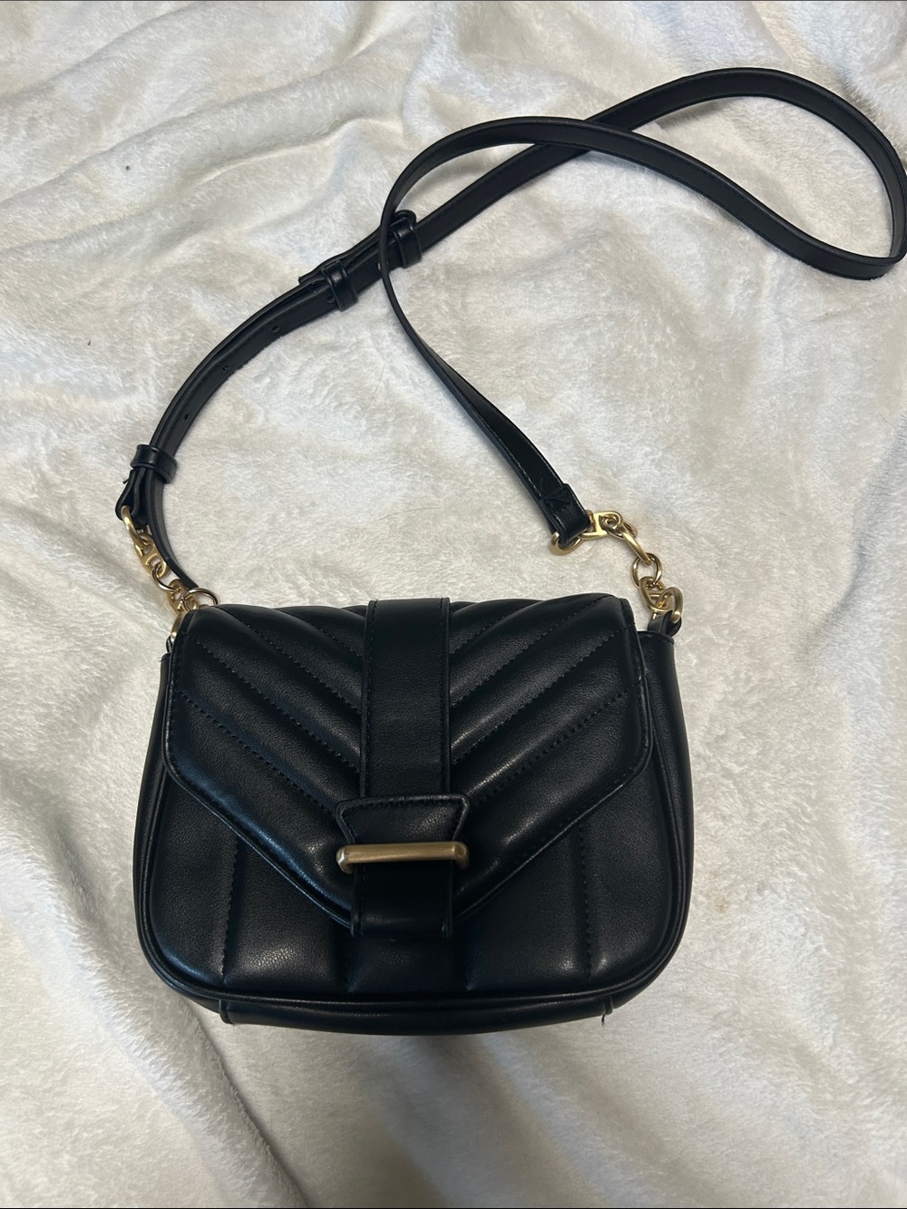 Black Quilted Crossbody Bag with Gold Accent